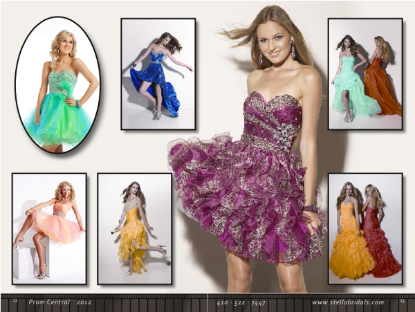 Center spread layout design for prom catalog for Baltimore, MD bridal boutique