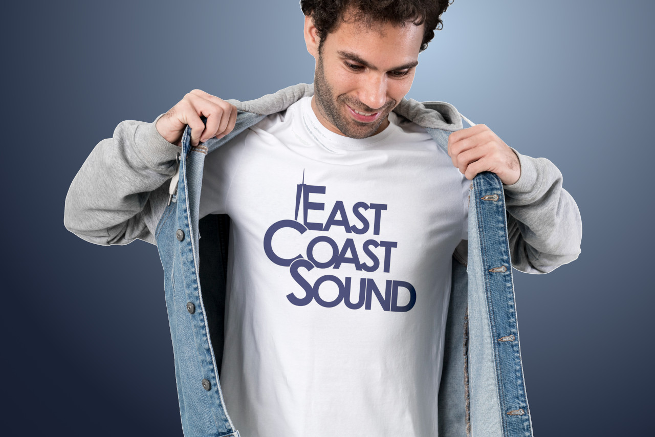East Coast Sound logotype design screen printed in blue on white tshirt