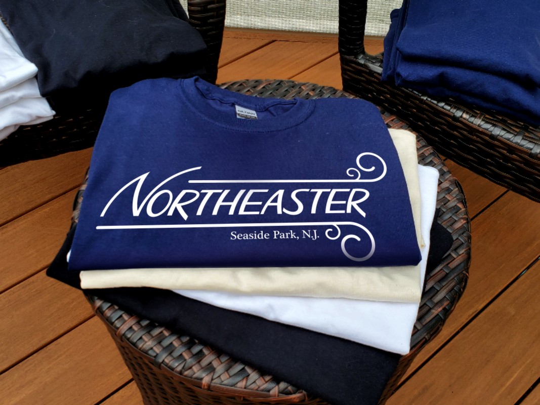Northeaster logotype design screen printed in white on navy blue tshirt
