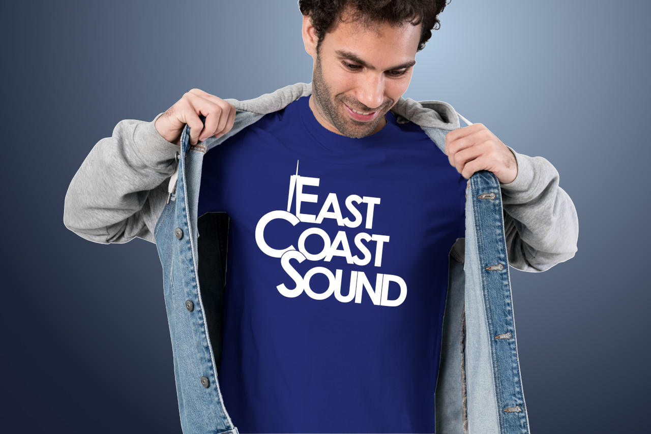 East Coast Sound logotype design screen printed in white on blue tshirt